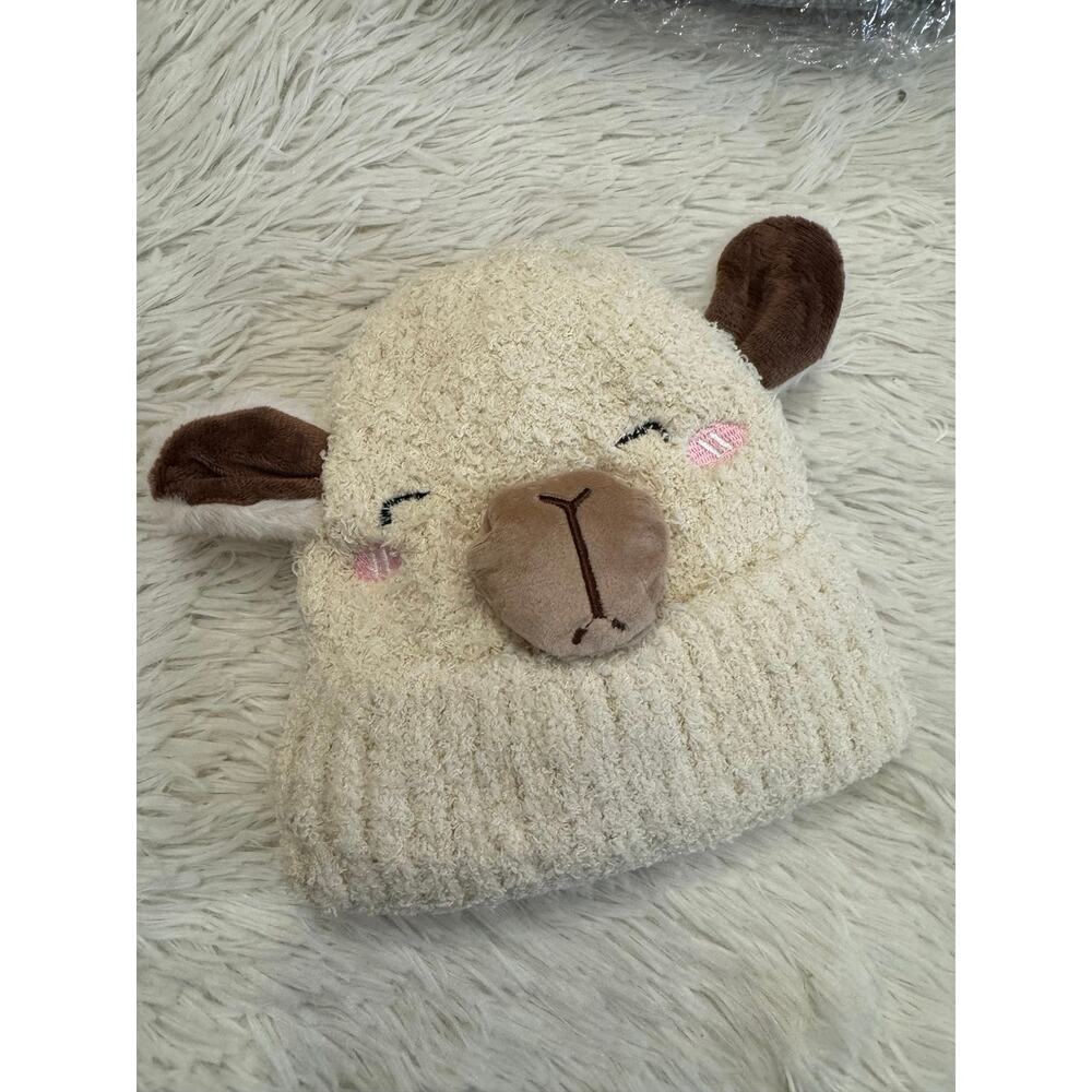 Cute cream & brown fur lined beanie llama kid hat embroidered face & pink cheeks